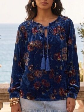 Sundance Velvet Silk Blend Floral Blouse Blue M NWOT